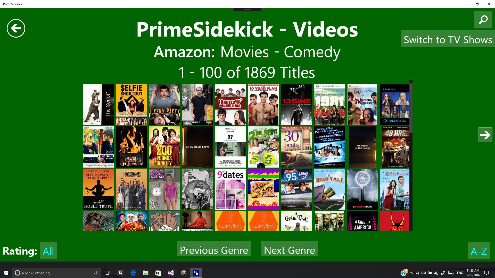 This screen allows the users to browse the titles available in the selected Amazon Prime Video genre. Tapping (or clicking) on any of the thumbnails will bring up the title details screen.