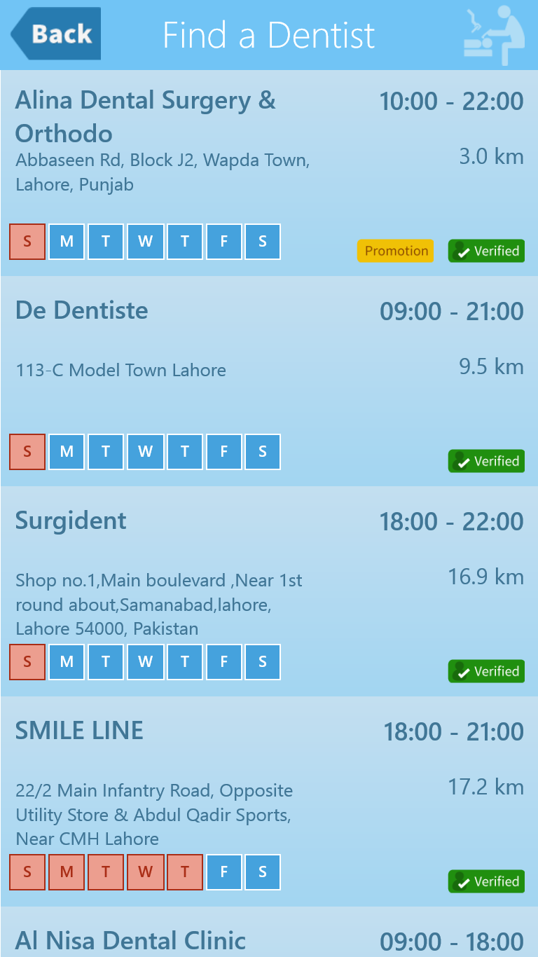 List of nearby dental clinics.