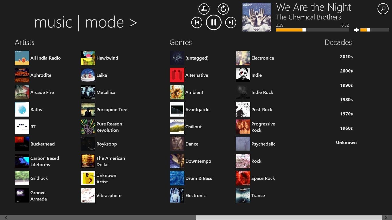 Start screen (most played artists, most played tags)