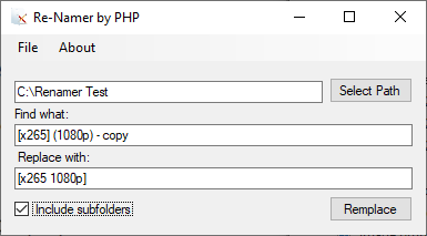 First select path.Then type what you want to search for in all files.Finally with type what you want to be remplace with.(Including subfolders will search in all subfolder of the given directory)