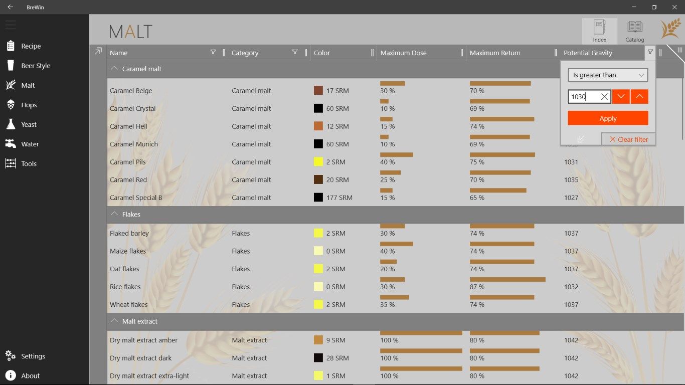 The index pages to compare beer styles, recipes, and ingredients allow sorting, grouping, and filtering.