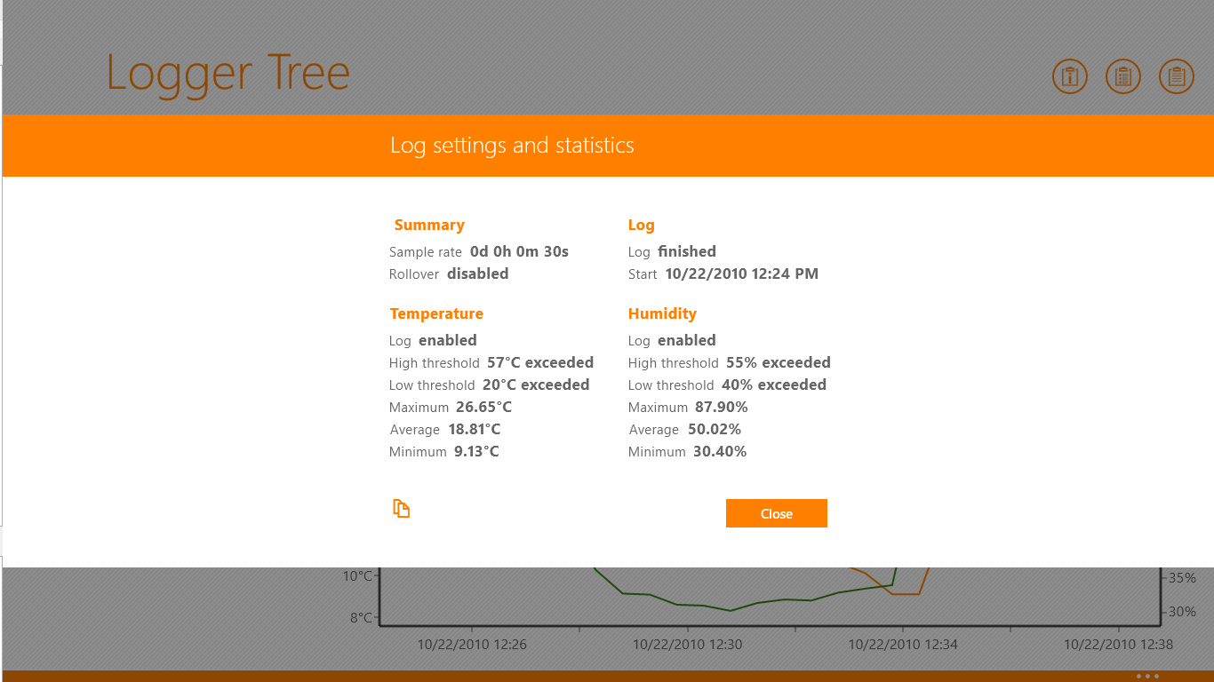 Details of log settings and statistics.