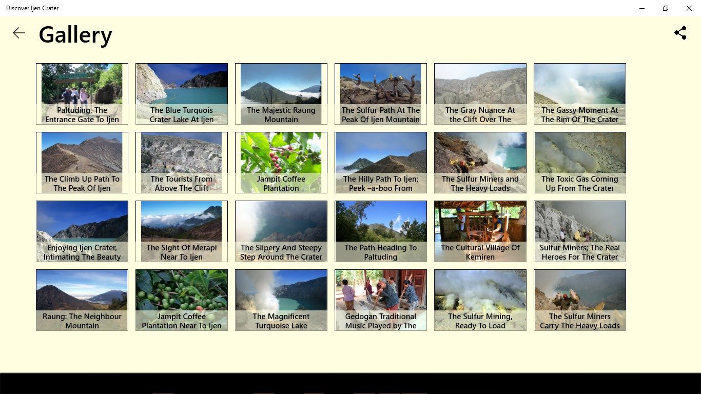 This application also available for photo gallery that show many beautiful places around Ijen Crater. Enjoy some beautiful photos of wonderful tourism places in Ijen Crater by clicking this menu.