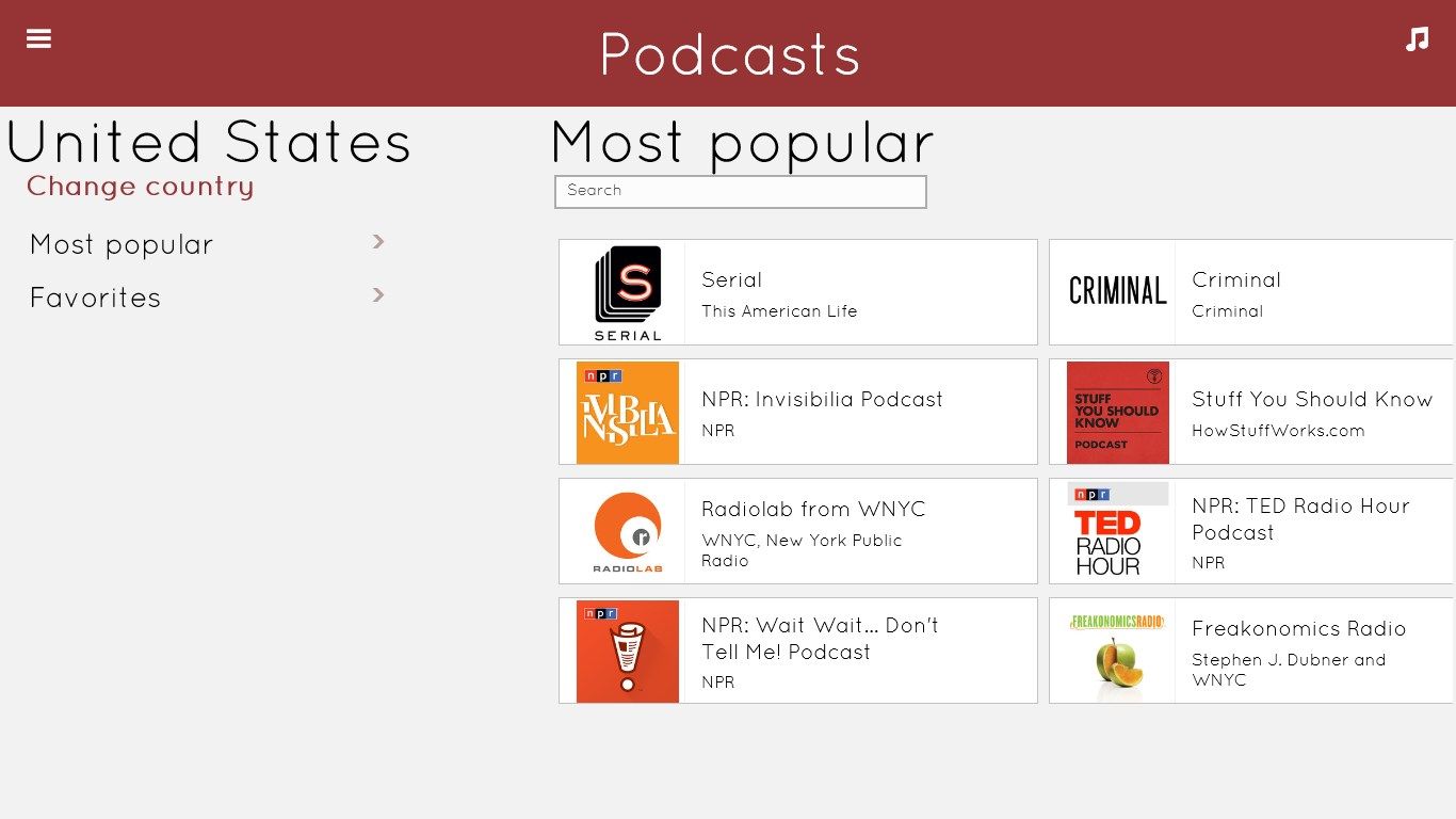 Besides radio stations, you can also listen to the most popular podcasts according to the country you choose.