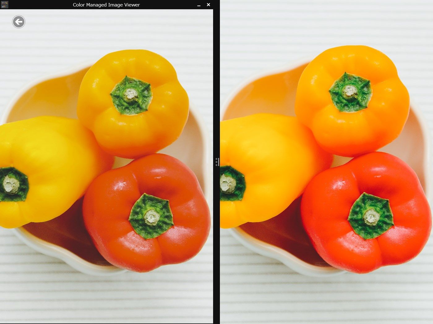 広色域ディスプレイでも適切な色で表示できます(左)。カラーマネジメント非対応アプリ(右)では彩度が本来より高く表示されてしまいます。