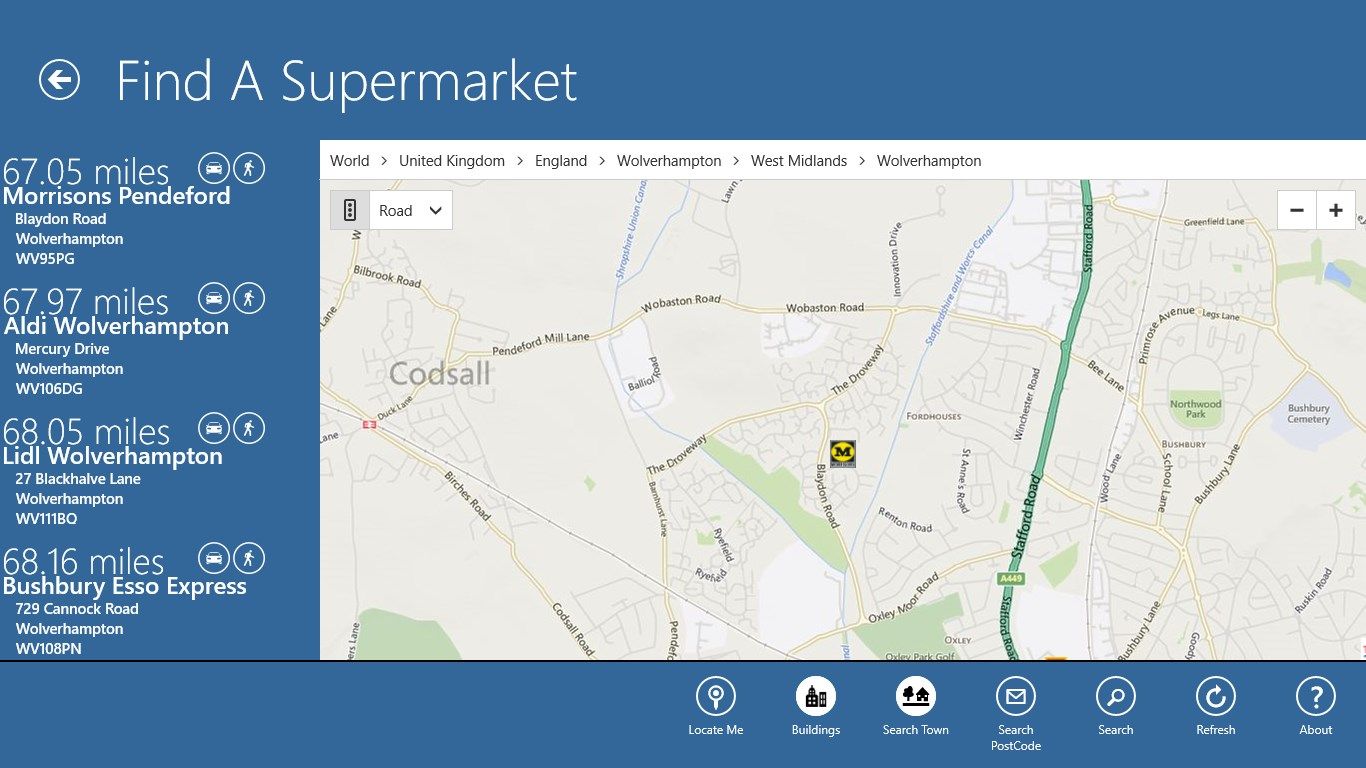 Get the nearest 10 supermarkets to your chosen location.