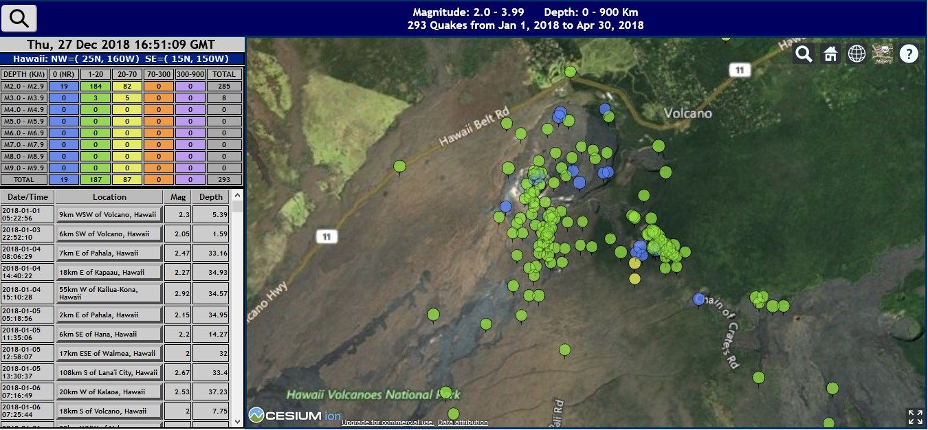 Zoom in 3D view of the Island of Hawaii, showing a number of near- and on-surface volcano-induced quakes occurring in a four month period during 2018.