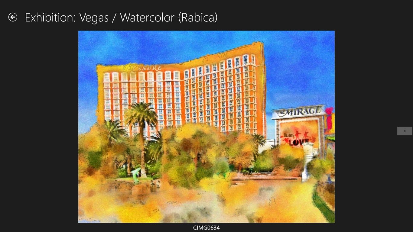 "This watercolor painting by Rabica was painted from a photo I took on a business trip to Las Vegas. Was it really such a pretty town I wonder?"