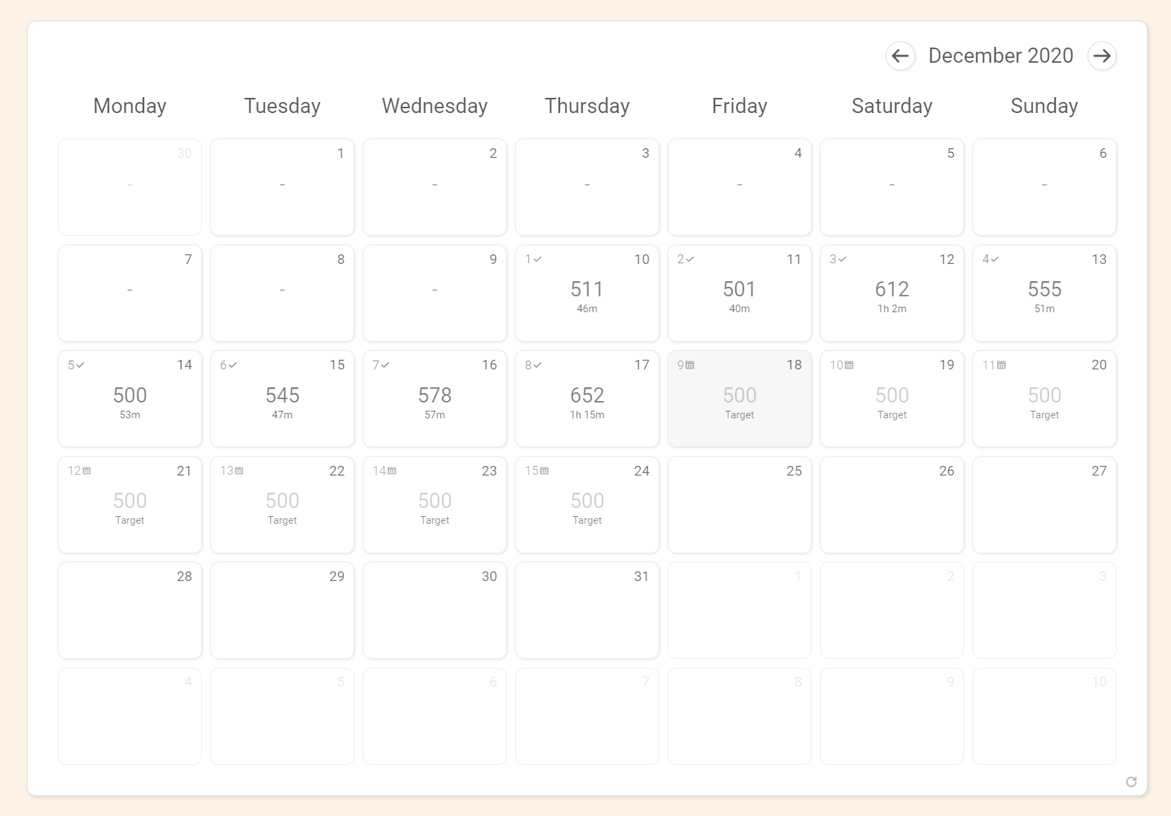 Inbuilt calendar to track your progress against daily targets.