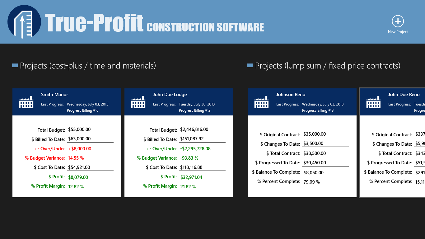 The Home / Hub Page provides an overview of your Time & Materials and Lump Sum projects; drill down into each project to access features (e.g. original estimate, progress bills, cost reports, etc.).
