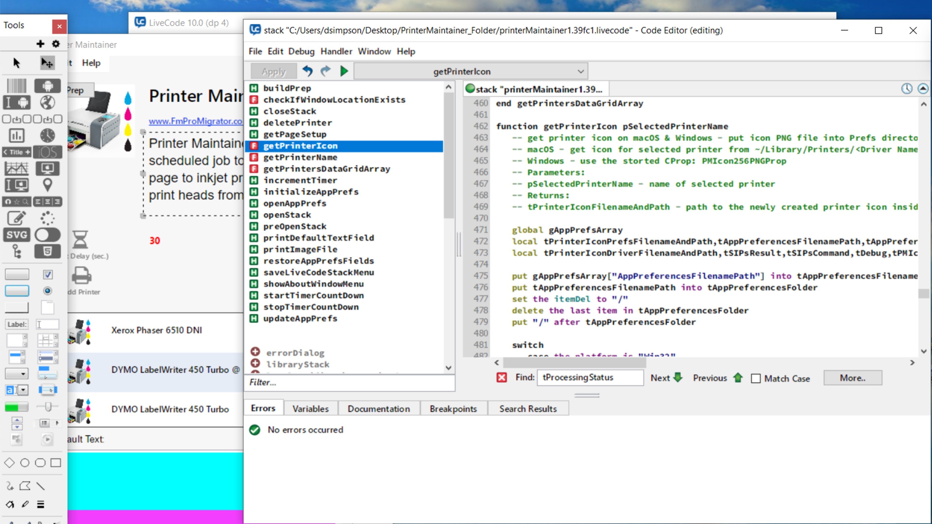 Printer Maintainer Stack Source Code Shown in LiveCode IDE.