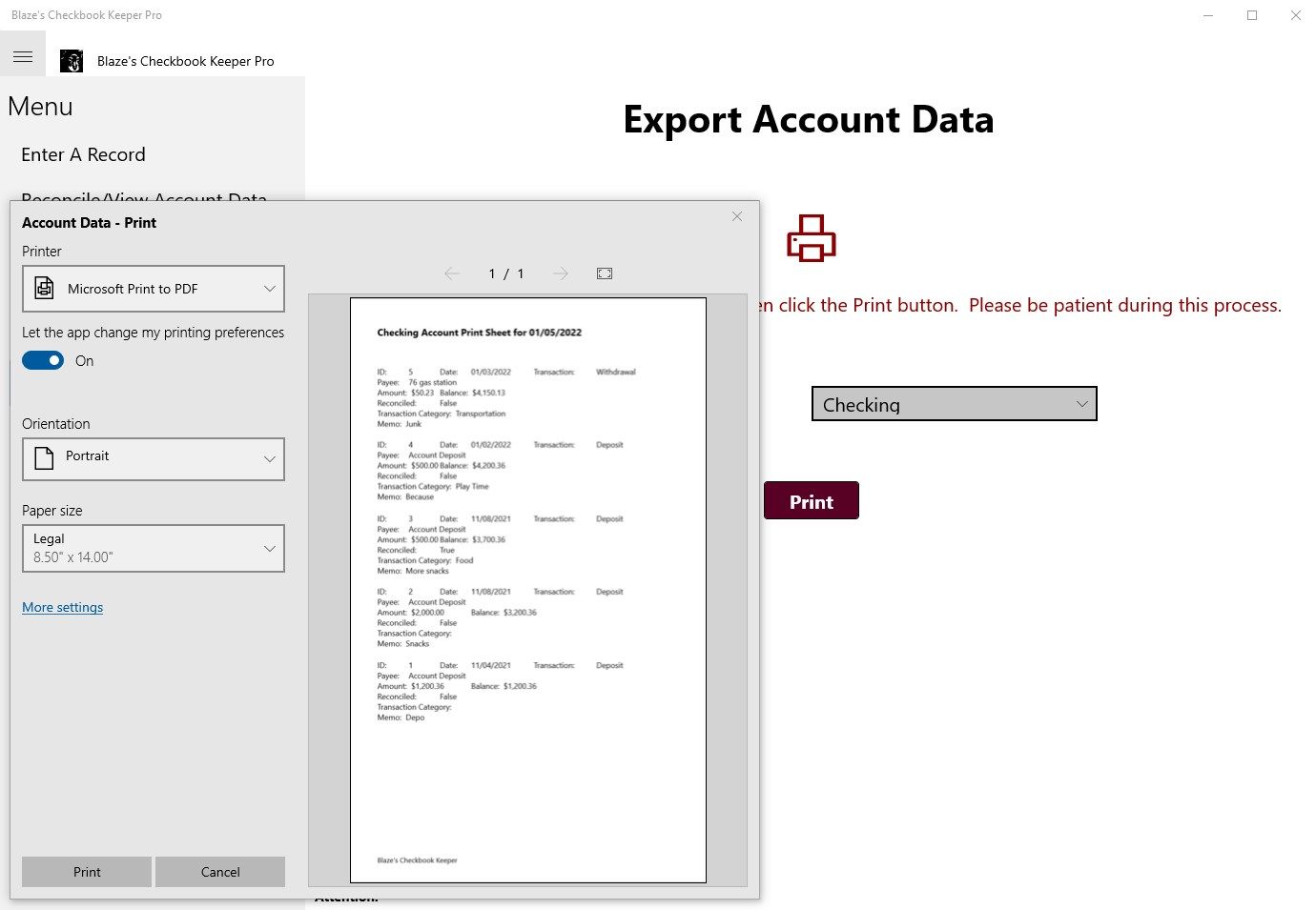 Print and/or export account records