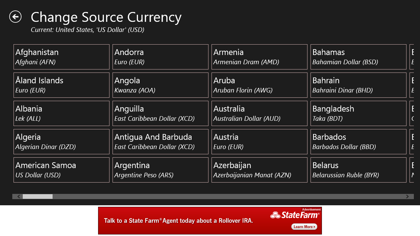 The Change Source Currency screen displays dozens of currencies by Entity Name (mostly Country Name) and currency name.  We are currently beta testing a search feature and we will release it shortly.