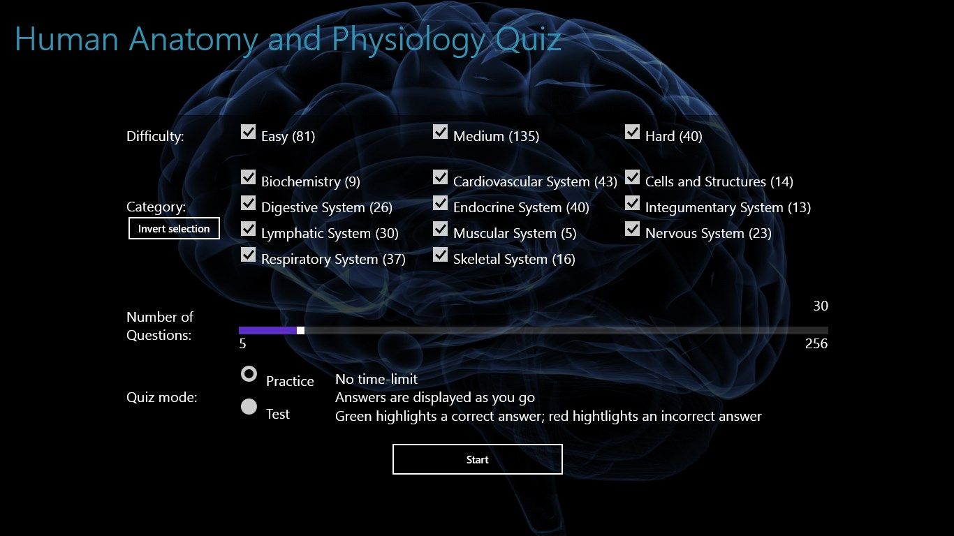 The quiz start screen. Set the difficulty, category, number of questions and practice/test mode