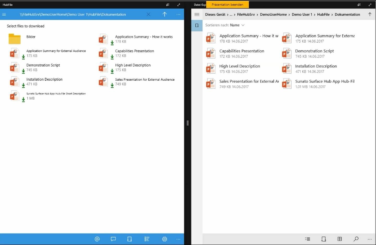 Left: HubFile (view on file server), right: Explorer App on the Surface Hub

PowerPoints have been downloaded, folder „Bilder“ has not been downloaded yet. 

Long file names in HubFile are fully readable, long filenames in Explorer App are cut.

The user can take either HubFile or the Explorer App to open his documents.