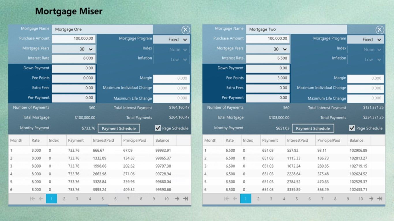 Easy entry screen of two mortgages to compare