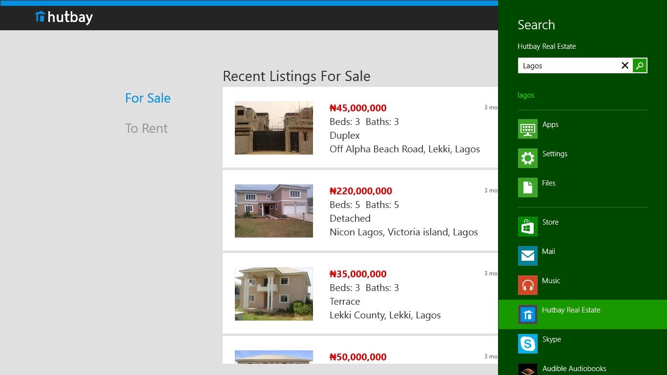 You can invoke the Windows 8 Charm bar to search for properties right away.