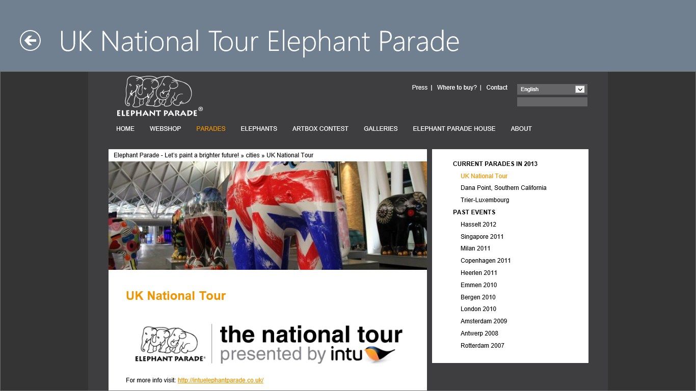 The UK page is displayed if the UK National Tour button is selected from the main page.