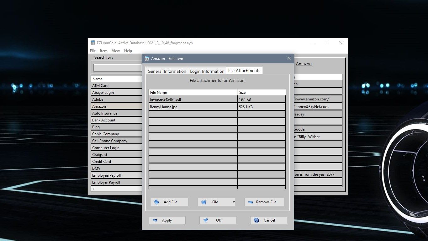 File Attachments - This is super handy. Say you have medical records or bank statements as pdf's. They can be attached to the appropriate item and saved and accessed here! SQLite encrypts the entire file (blob) into the database and keeps the files safe.