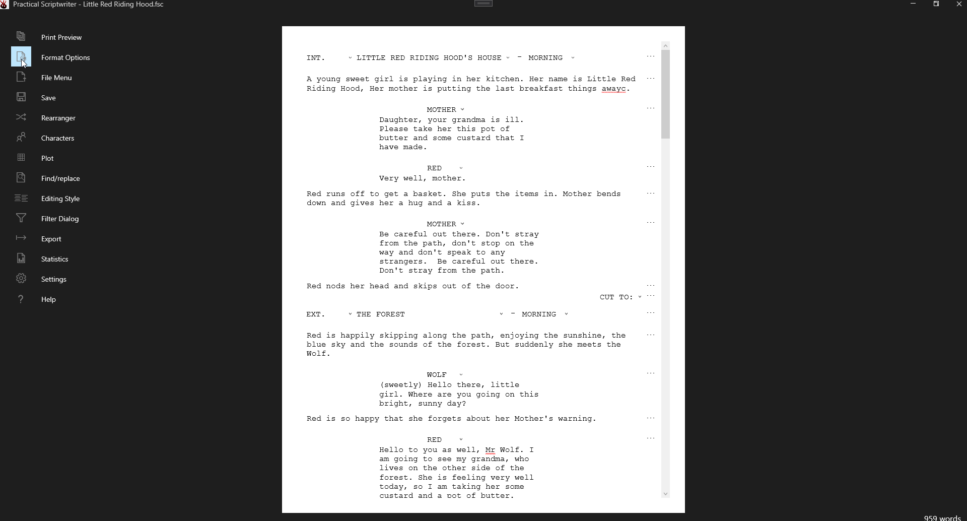 Editing screen in screenplay mode