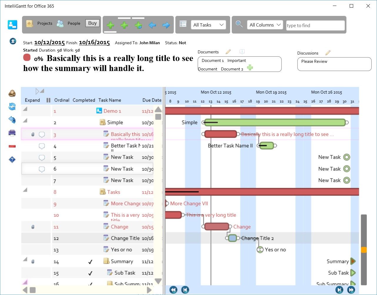 A full task hierarchy in list and gantt form are shown. A special 'quick info' lets you see long titles and important information for the currently selected task.