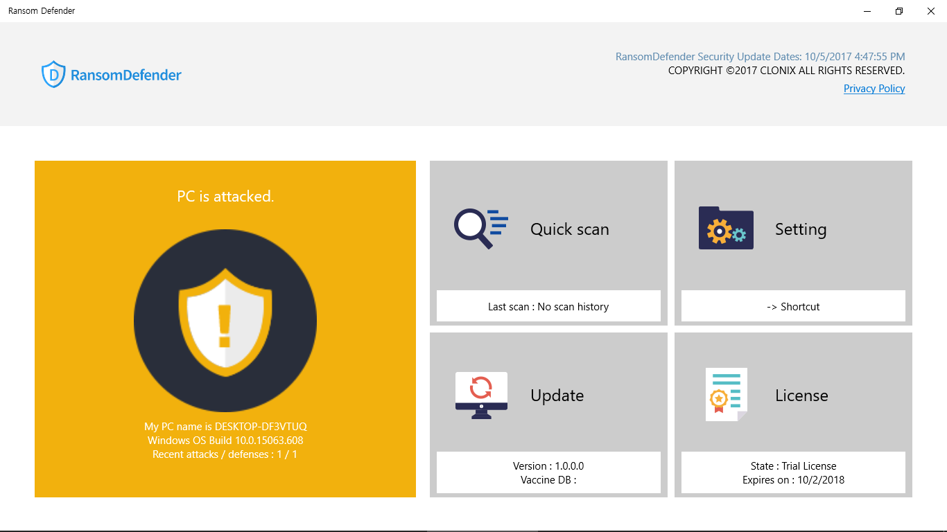 RansomDefender Security Center Main Display, installed Desktop App, attacked status