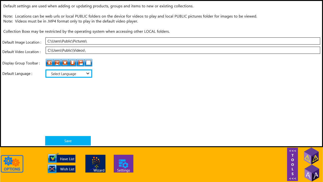 Update default locations and display the optional group toolbar using the settings screen.