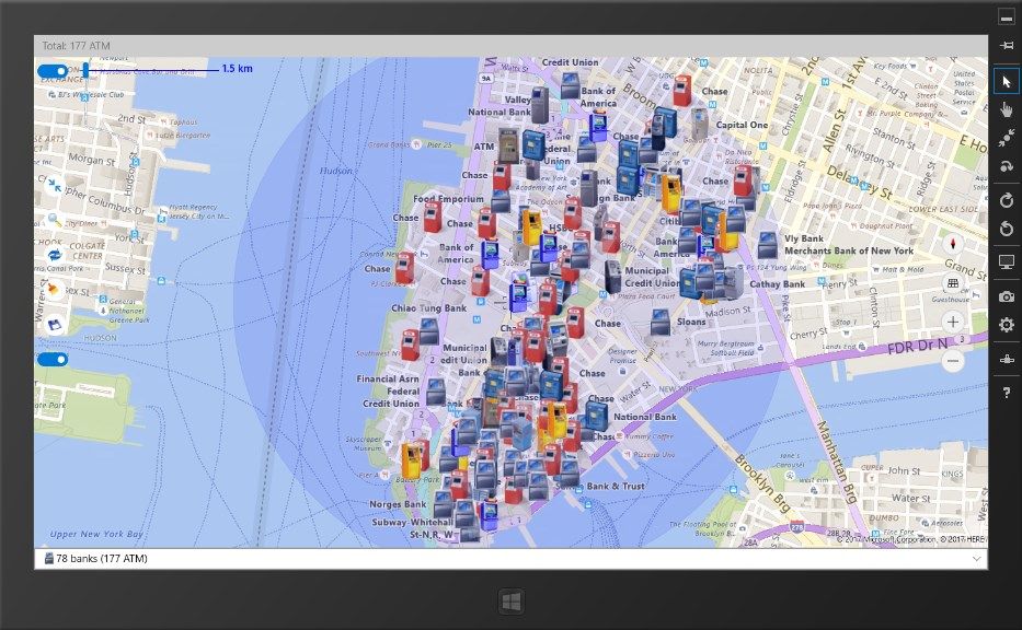 You can use the tablets like MS Surface to work with the program in the same way as with desktops and smartphones. The screen shows ATM on Bronx in New York. There are many of them there. Use dropdown list at the bottom or search string to filter ATM by banks name. You should switch blue toggle on the left of the screen to choose the filter type.