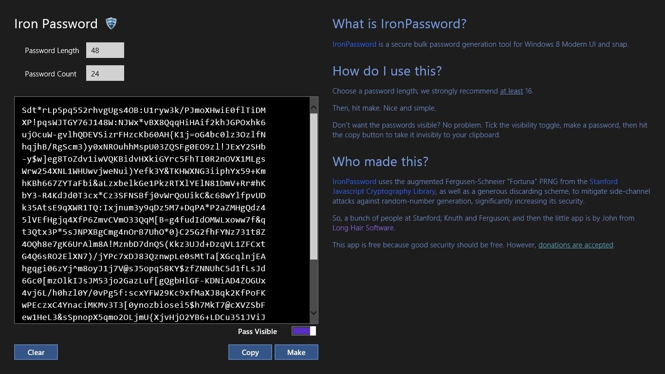 Password generator being used in full screen mode, with instructions