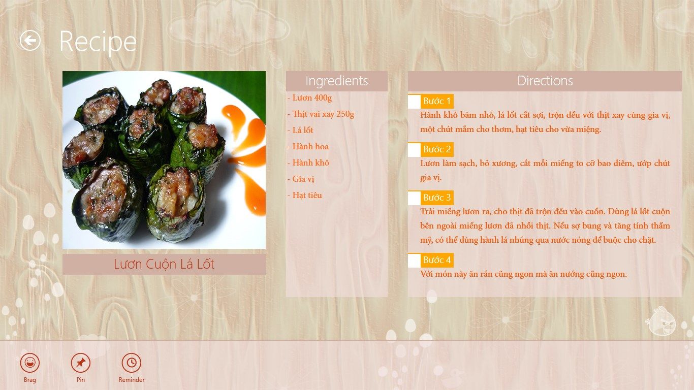 Recipe detail page and the functions: pin to start, reminder, brag the recipes