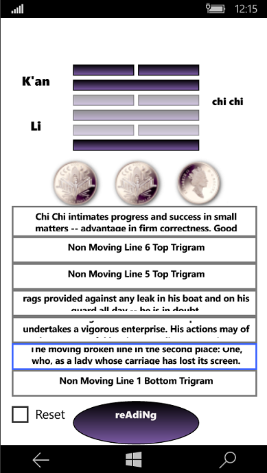 The Iching, after all six coin toss simulations are performed, resultant. In this case, there are two moving broken lines and one moving solid line that produce added meanings to the full hexagram overview meaning.