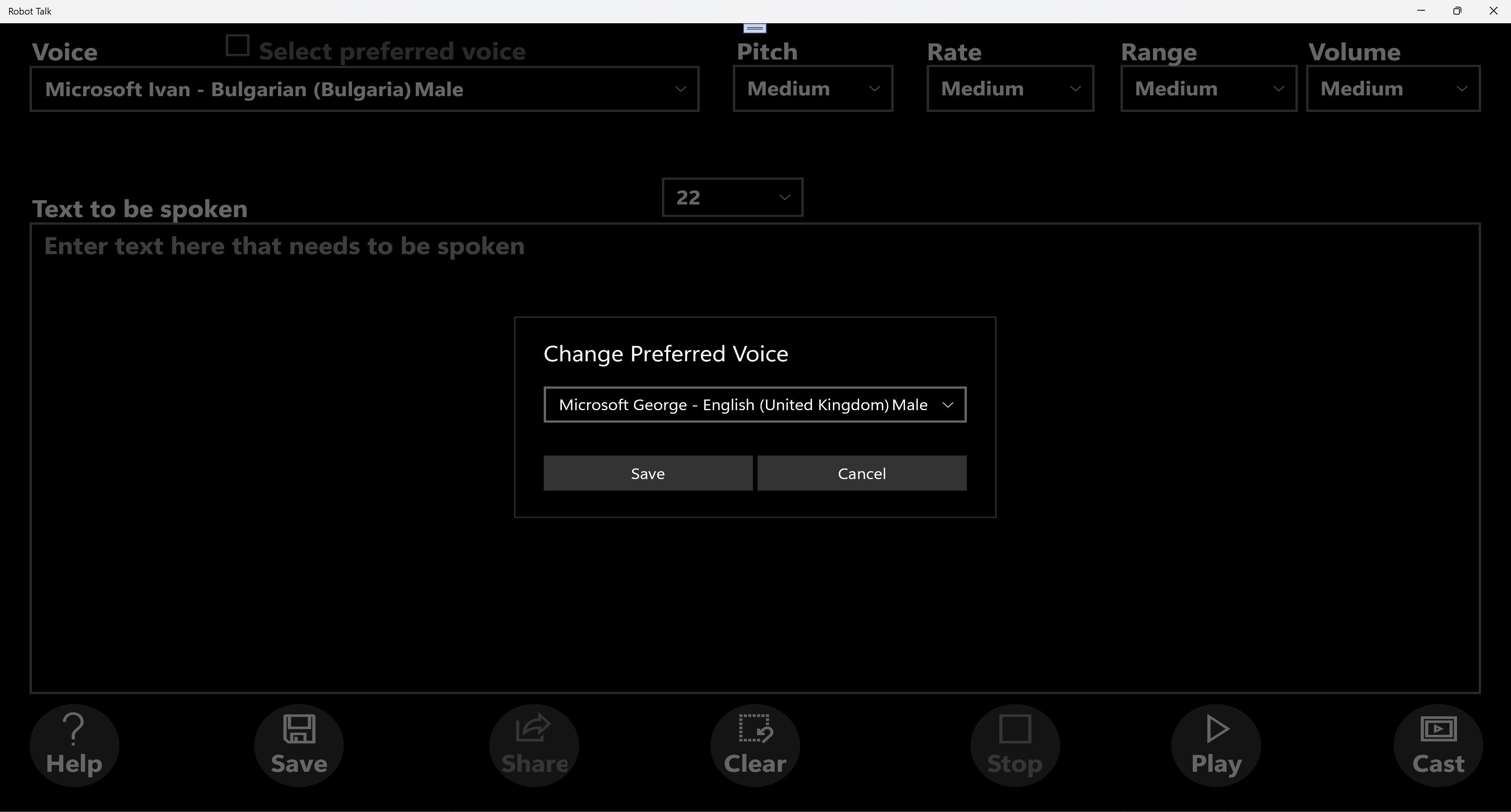 Main screen with change preferred voice dialog
(Dark Theme)