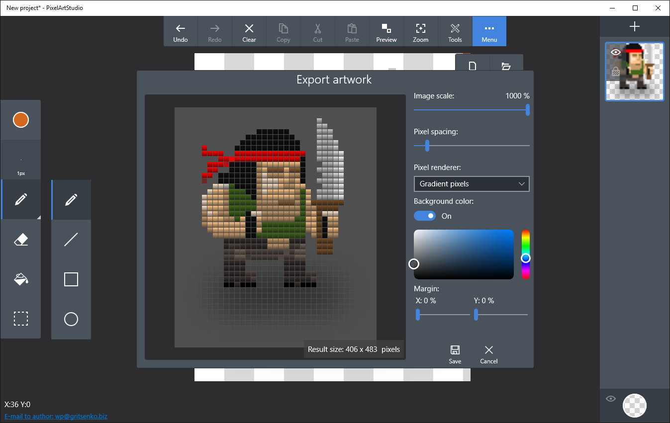 Advanced export dialog allows to:
- set output scale of image
- set spacing between pixels
- customize how to render each pixel
- to add background color and margins