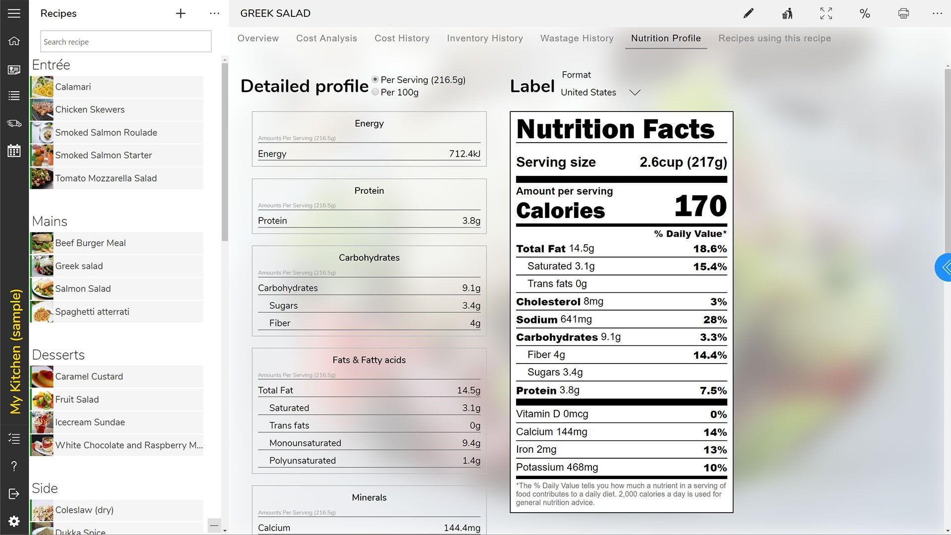 Recipe's nutrition tab