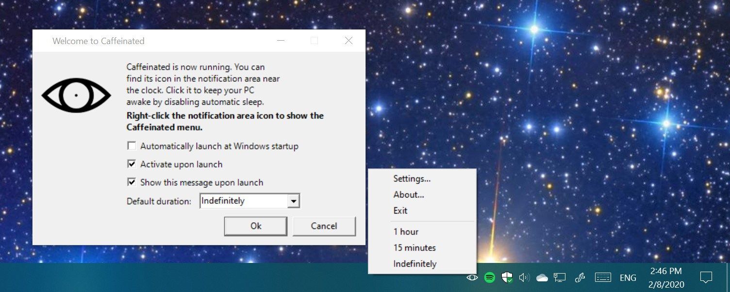 Initial launch window and right click menu