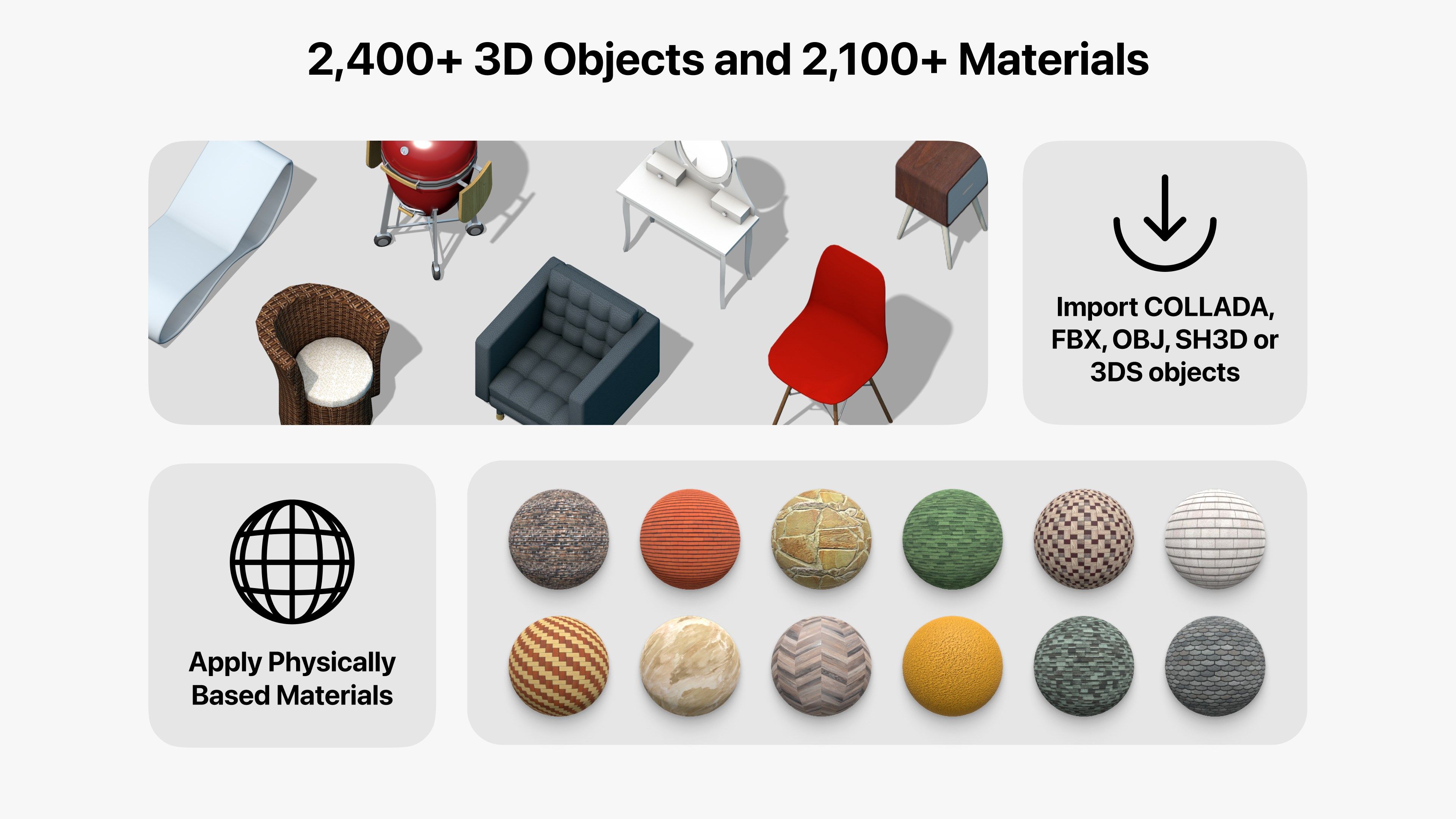 2,400+ 3D Objects and 2,100+ Materials