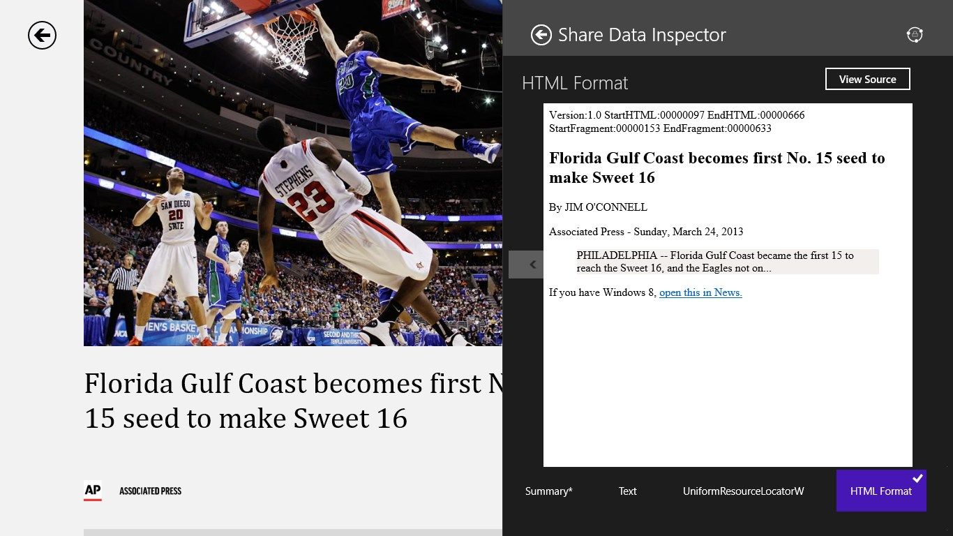 Sample showing the HTML shared through the News app.