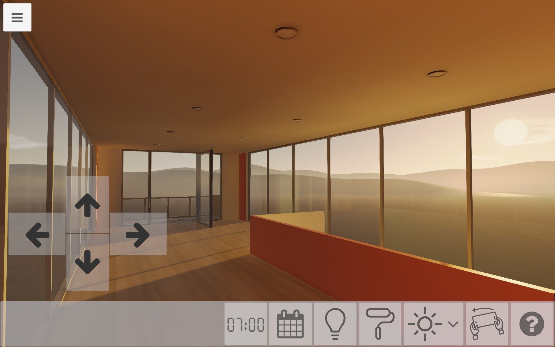 Walk around and explore the house using the device gyro, touch controls or mouse and keyboard.