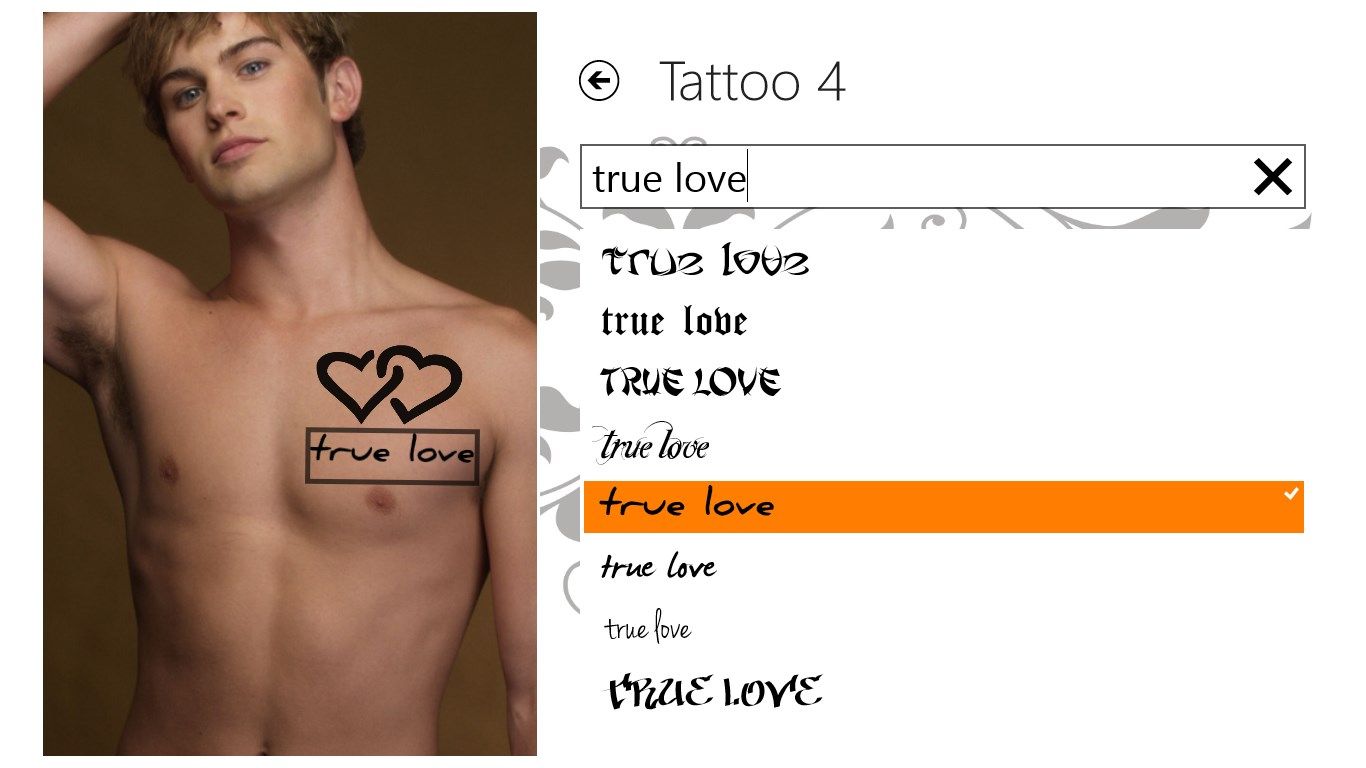 Add text on you picture and choose the font. Use the Add Tattoo button from the AppBar.