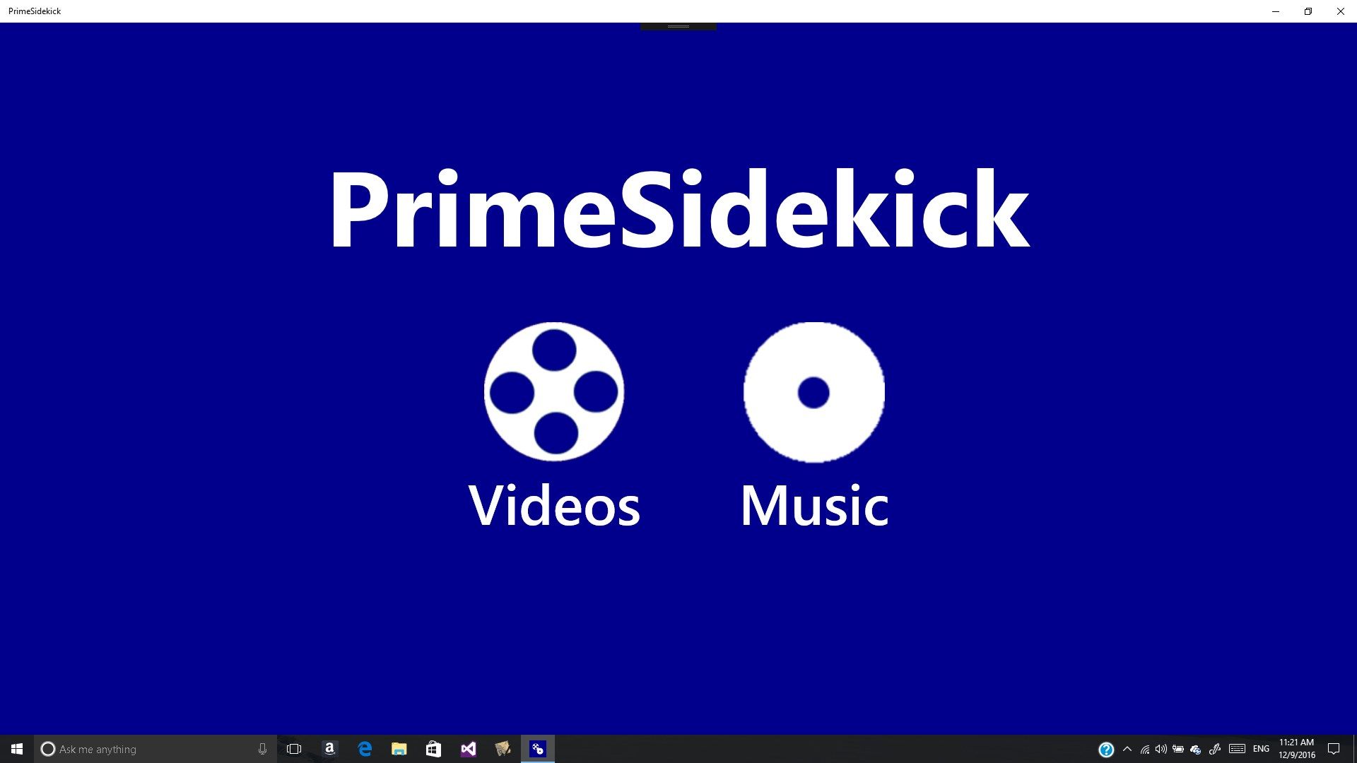 Main Screen allowing the user to switch between Amazon Prime Video and Amazon Prime Music titles.