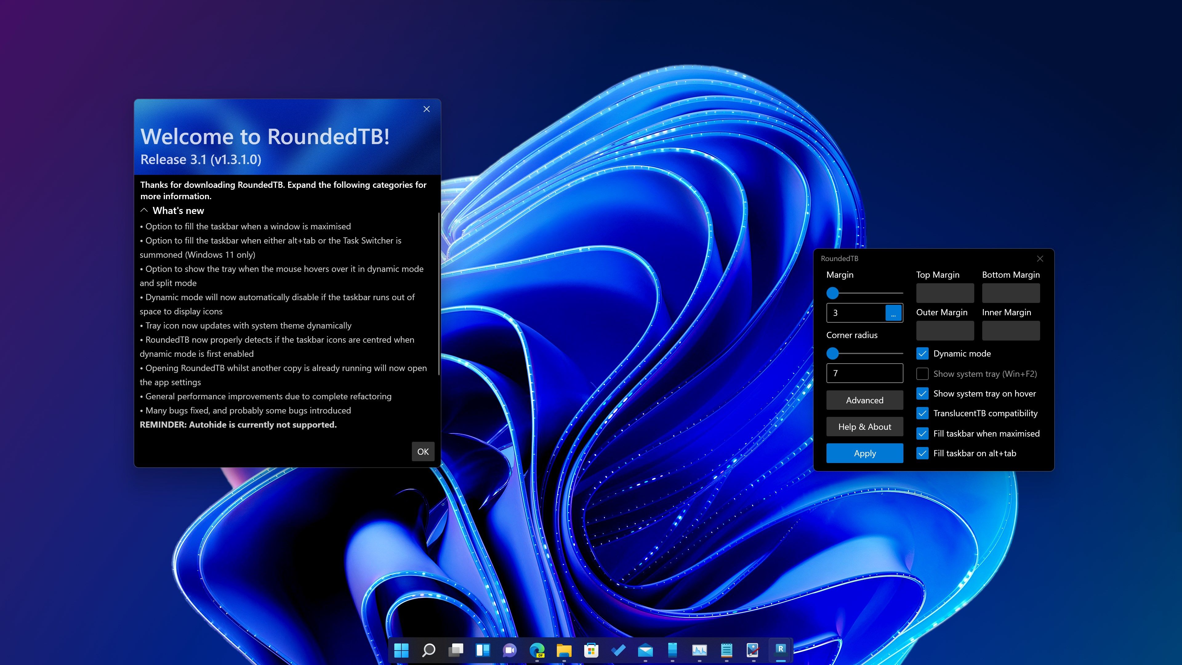 Desktop with a rounded centred taskbar and the RoundedTB UI and About screen visible.