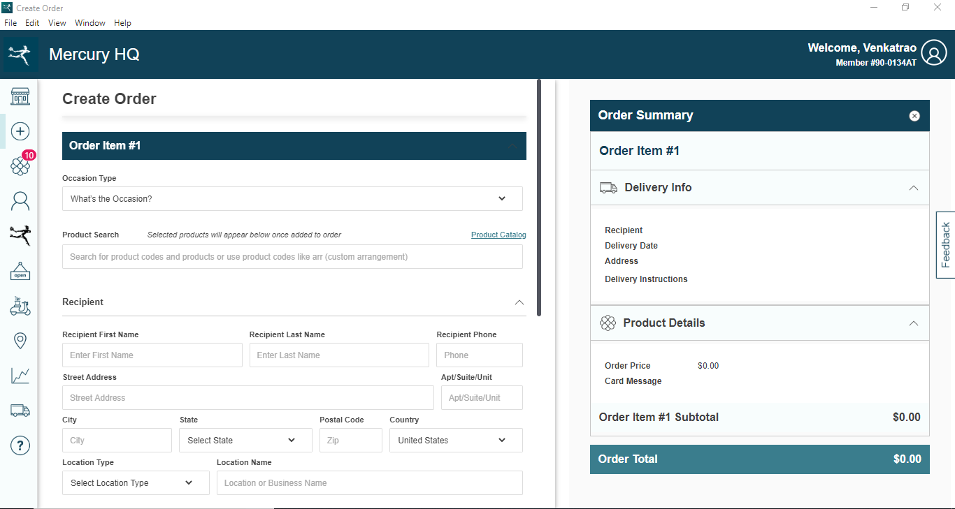 Mercury HQ Create Order Screen - Florists can place wire orders or pickup orders or local orders based on their permissions.