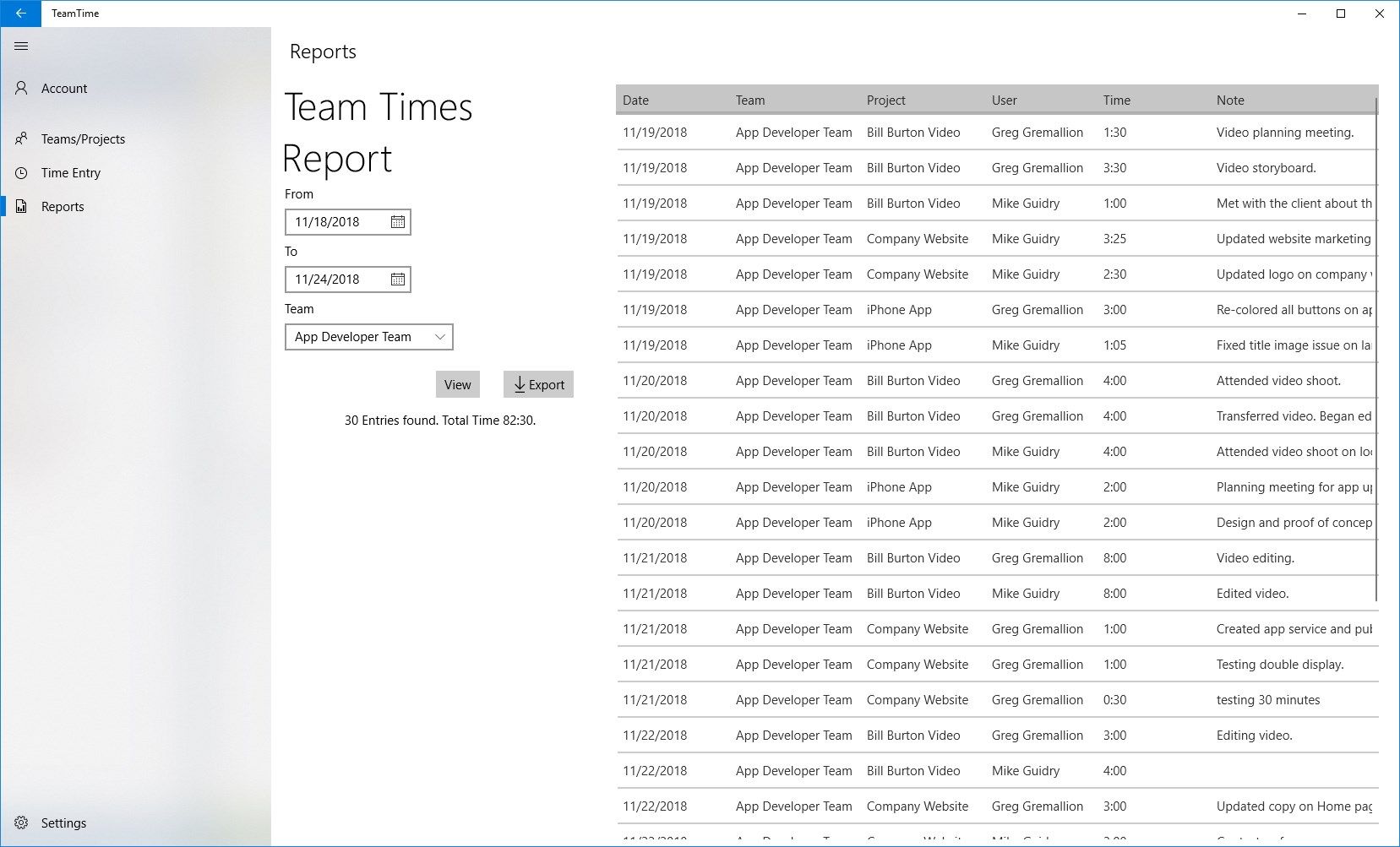 Team Times Report