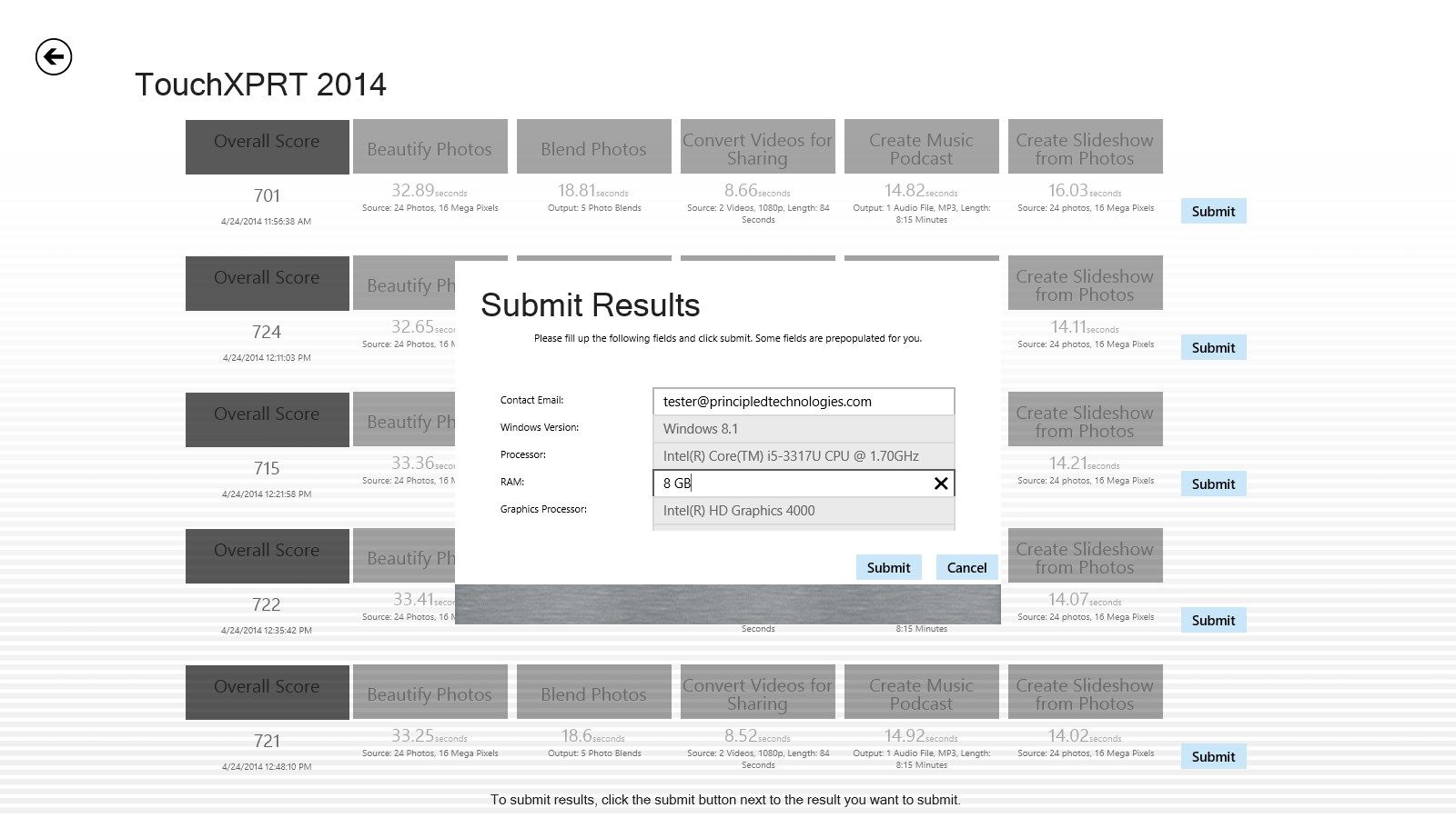 Submit results directly from the app.