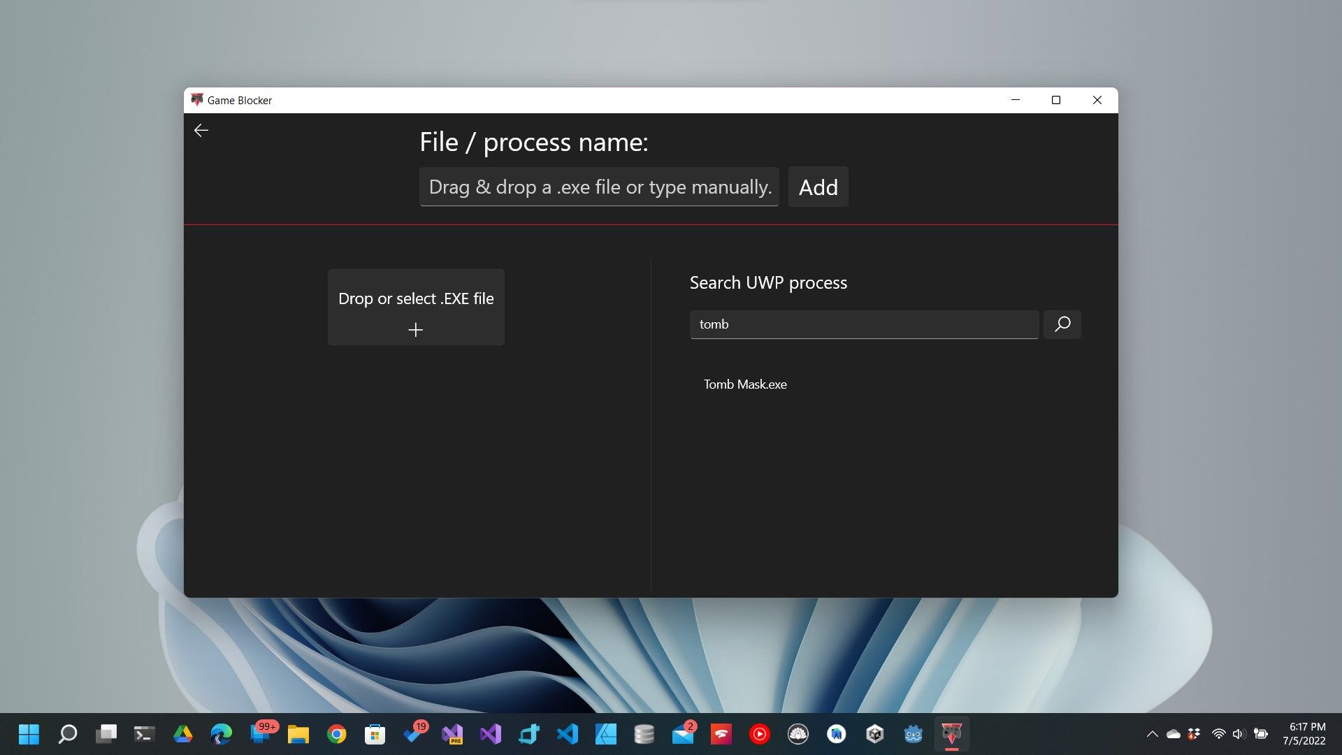 Add new game/file menu. You can search for UWP games or manually drop .exe files, or typing the process name..