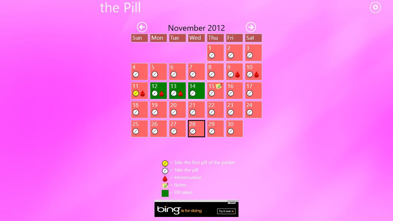 Calendar for your pill and menstruation.