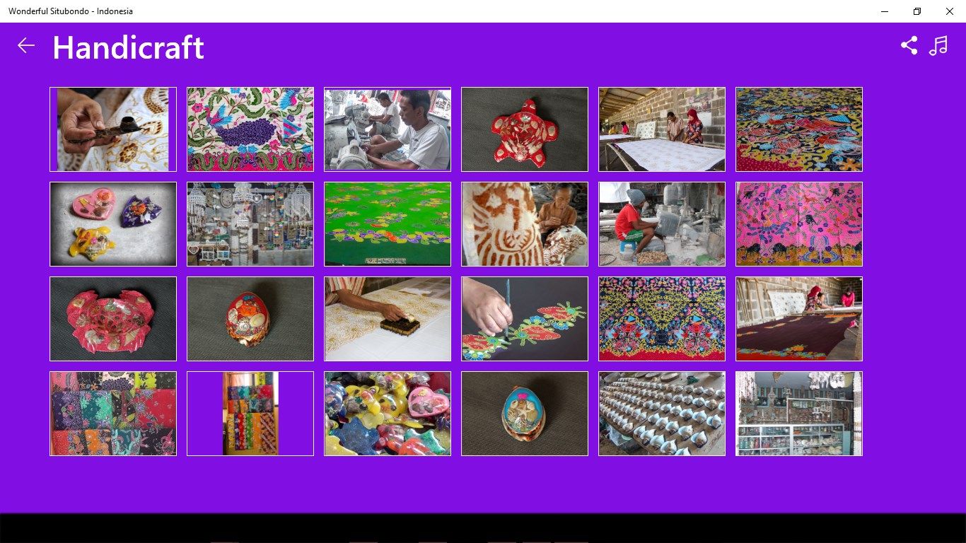 This menu shows information of handicraft collections that made in Situbondo. You can see pictures and description about variety of handicrafts in Situbondo, such as Bujuk Lente Batik. The users can also find the handicraft shops nearby.