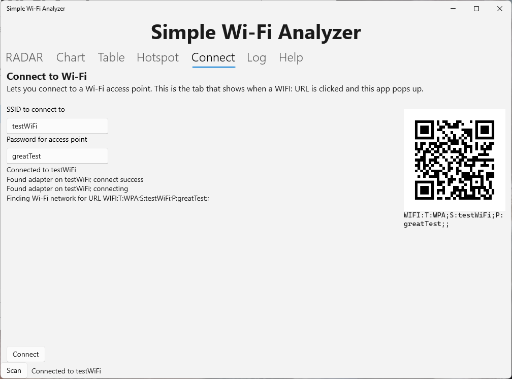 Connect tab shows a QR Code for a Wi-Fi AP to connect to