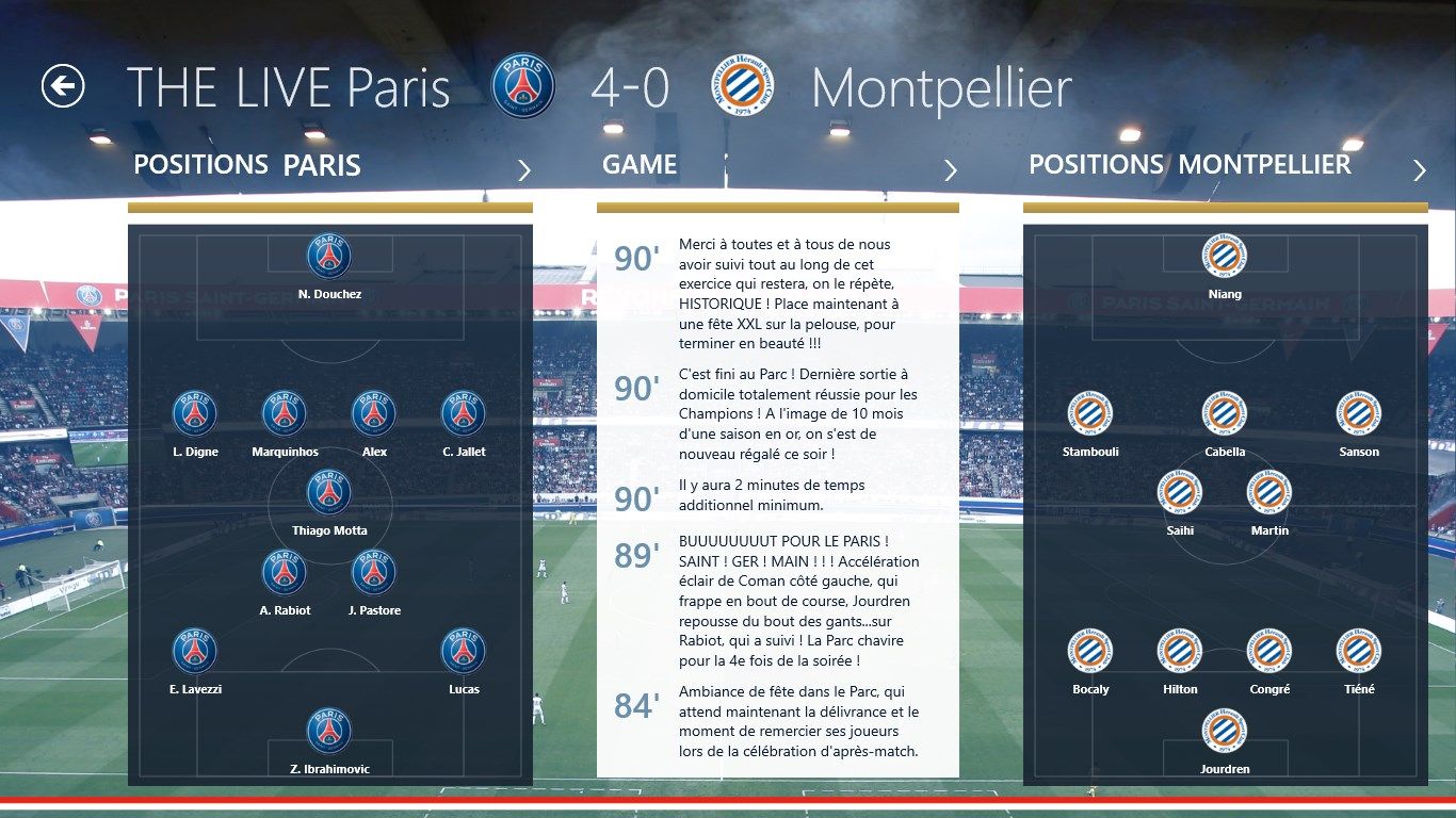 The live match with positions (comments are in French).