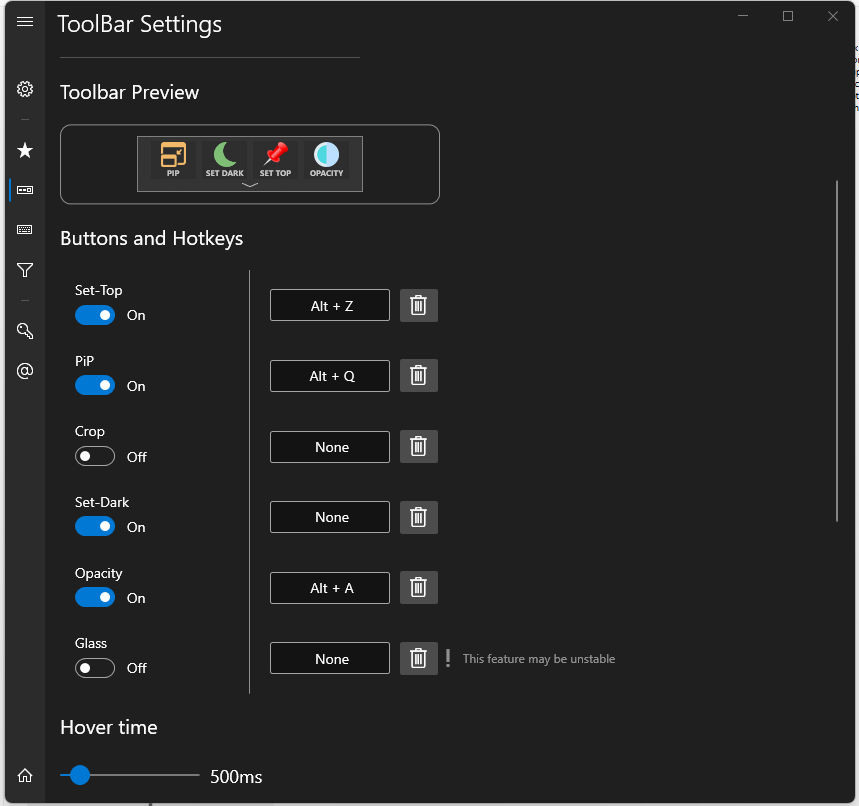 Toolbar settings with basic hotkeys